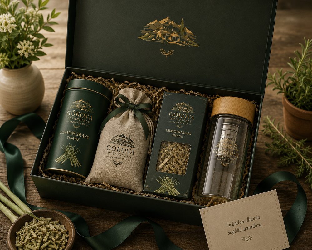 Gökova Botanicals lemongrass hediye seti — metal kutu, kese, demlik