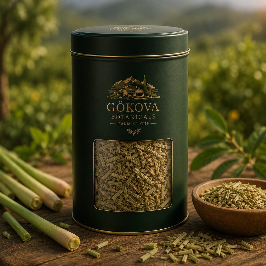 Gökova Botanicals premium metal kutu lemongrass çayı ambalajı